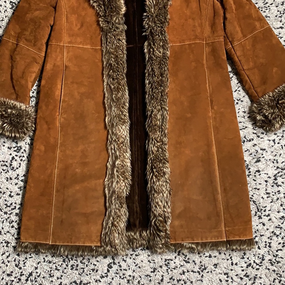 Marvin Richards Vintage Brown Leather Lined Fur Trim Long Coat XL - Picture 4 of 13